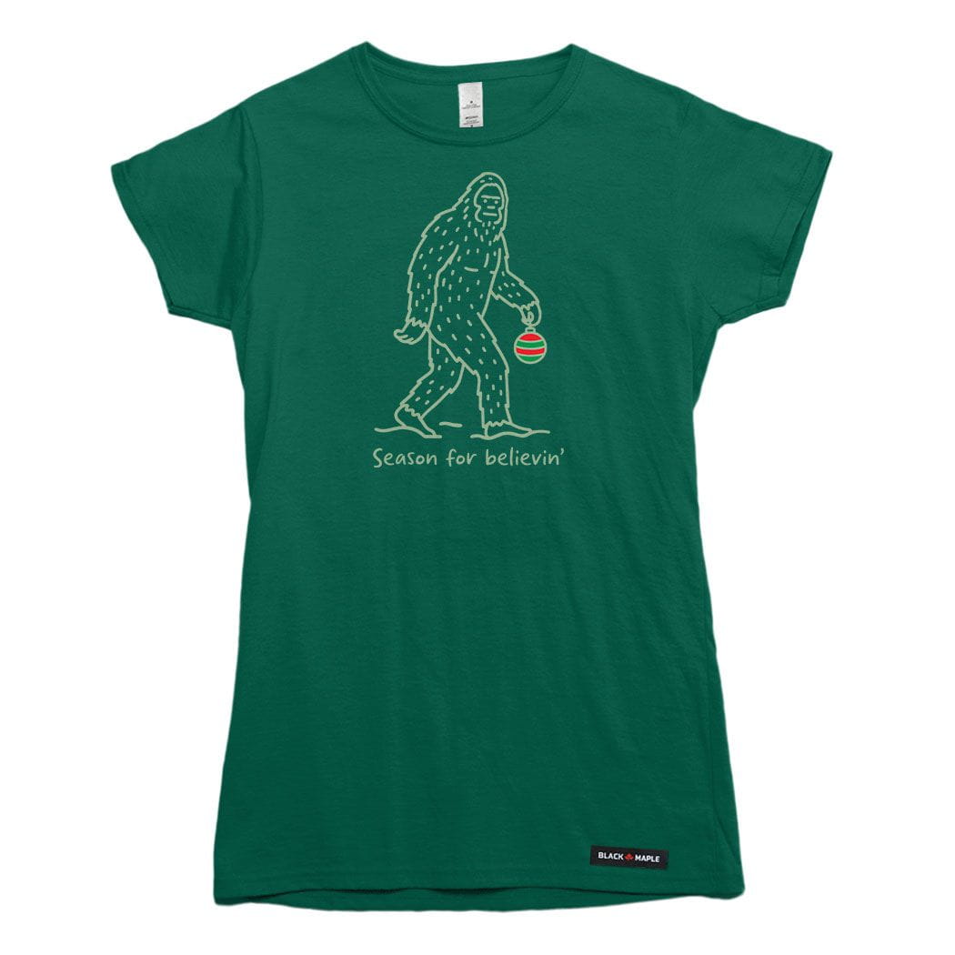 Season for Believin Christmas Sasquatch Womens T-shirt