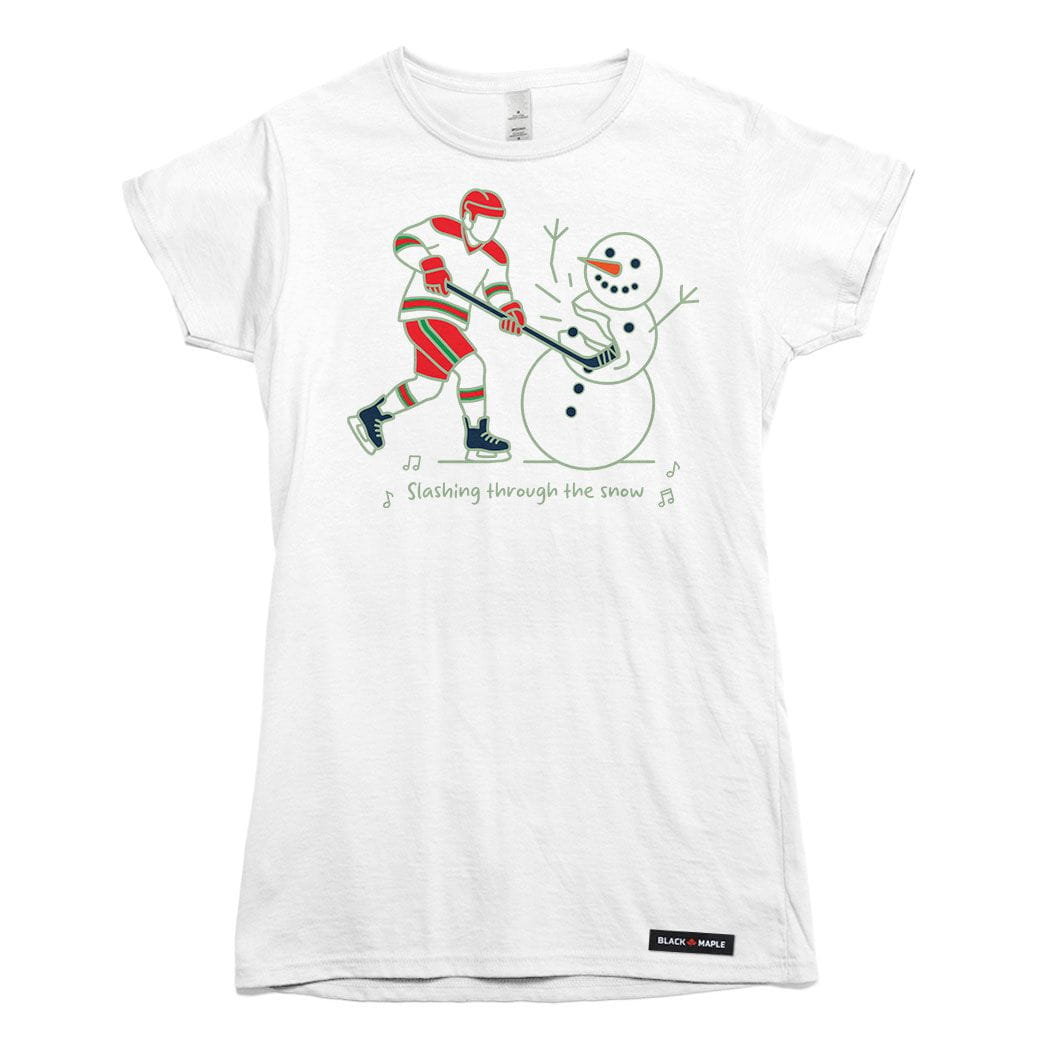 Slashing through the Snow Christmas Hockey Womens T-shirt