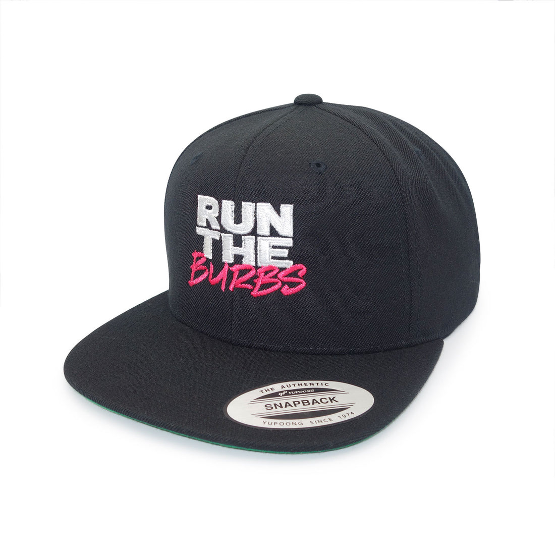 Run The Burbs Embroidered Flat Brim Snapback Cap Black